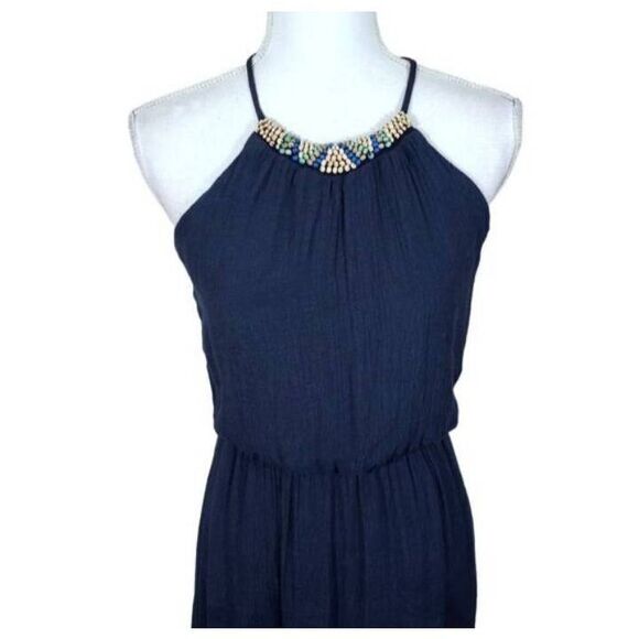 LILY ROSE NAVY MAXI DRESS W/ EMBELLISHED NECK SZ.S EUC. - Picture 3 of 8